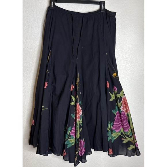 Soft Surroundings Medium Petite Midi Skirt Floral Birds Black Drawstring Artsy - Picture 2 of 10